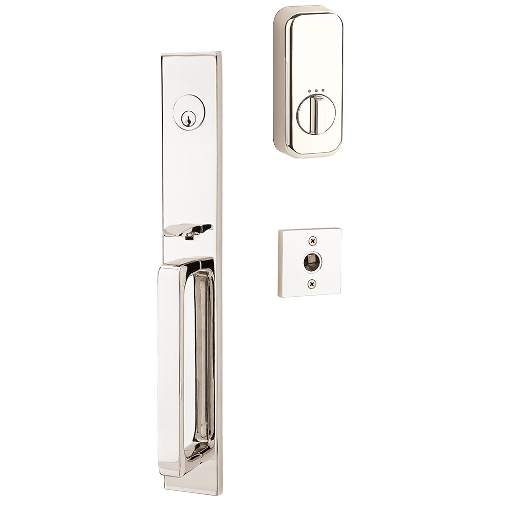Lausanne Handleset with Empowered Smart Lock Upgrade and Cortina Left Handed Lever in Polished Nickel