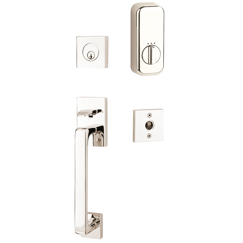 Baden Handleset with Empowered Smart Lock Upgrade and Poseidon Right Handed Lever in Polished Nickel