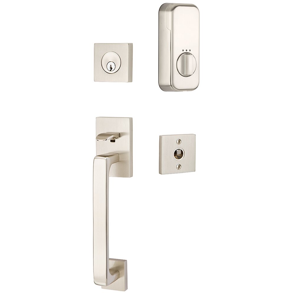 Baden Handleset with Empowered Smart Lock Upgrade and Turino Right Handed Lever in Satin Nickel