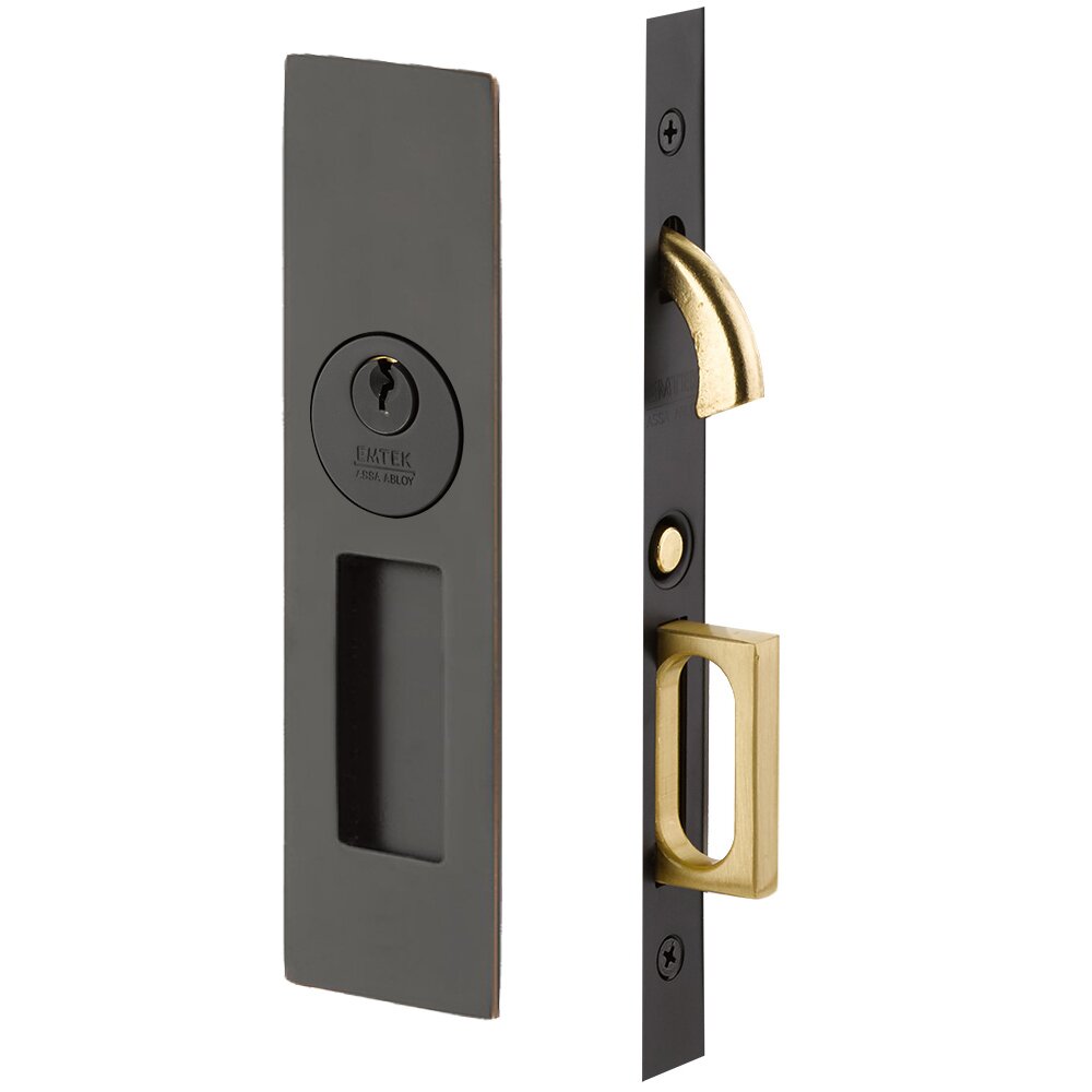 Narrow Modern Rectangular Keyed Pocket Door Mortise Lock in Oil Rubbed Bronze