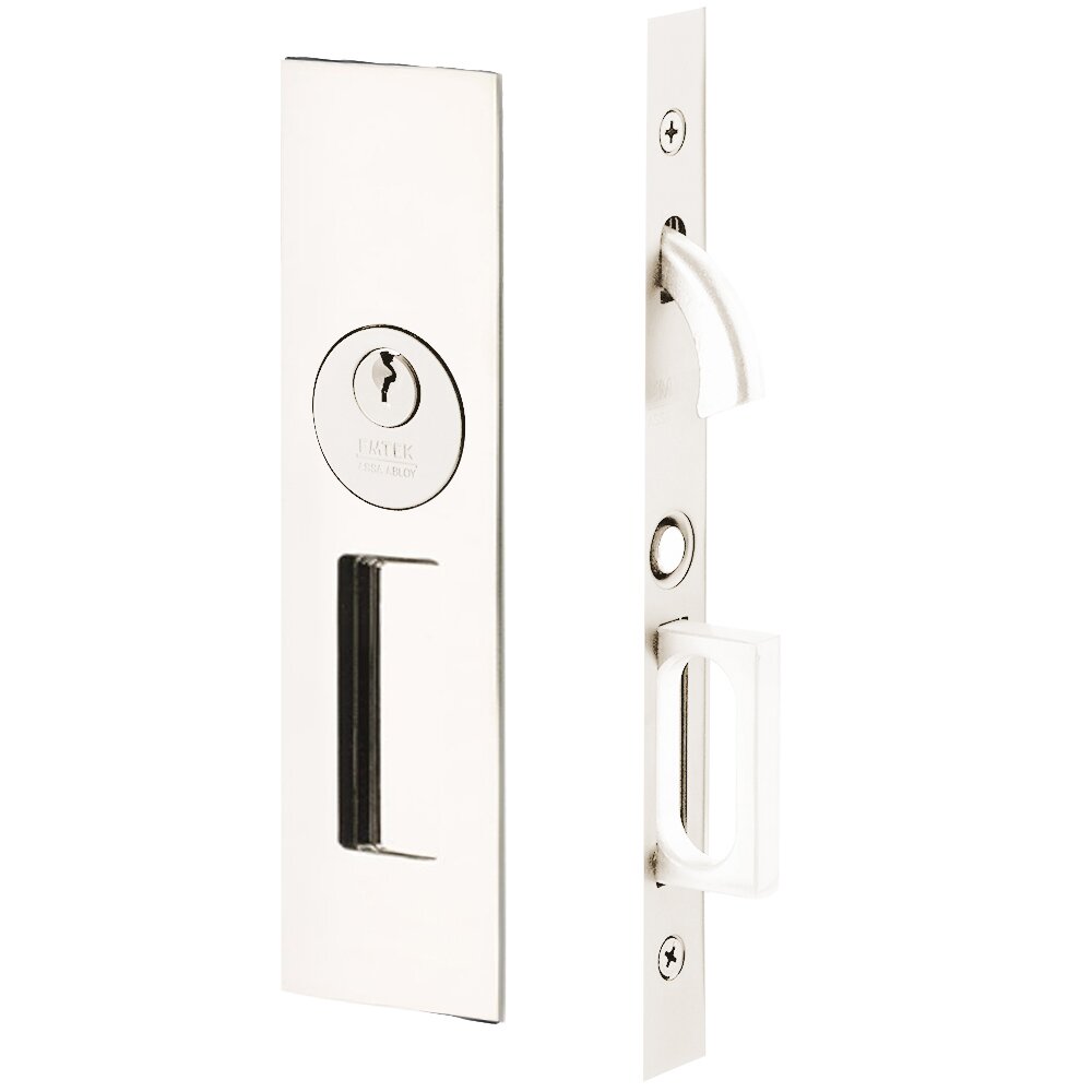 Narrow Modern Rectangular Keyed Pocket Door Mortise Lock in Polished Nickel