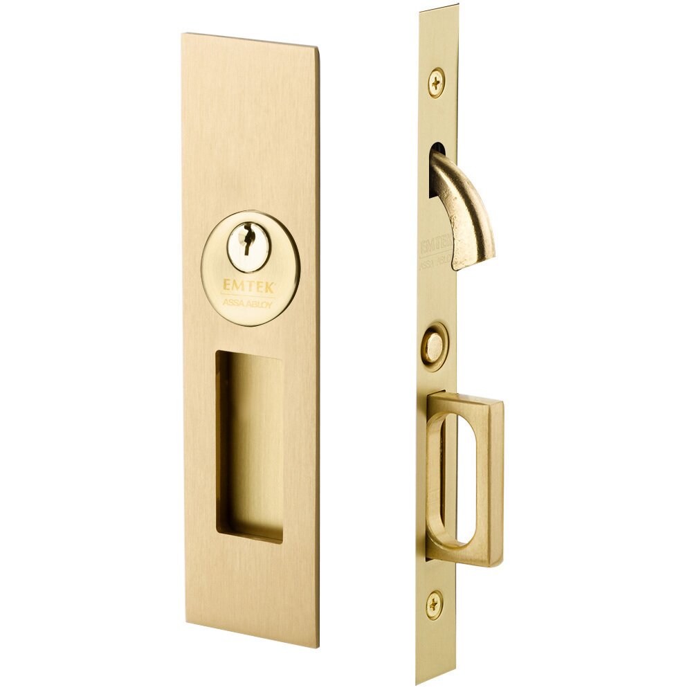 Narrow Modern Rectangular Keyed Pocket Door Mortise Lock in Satin Brass