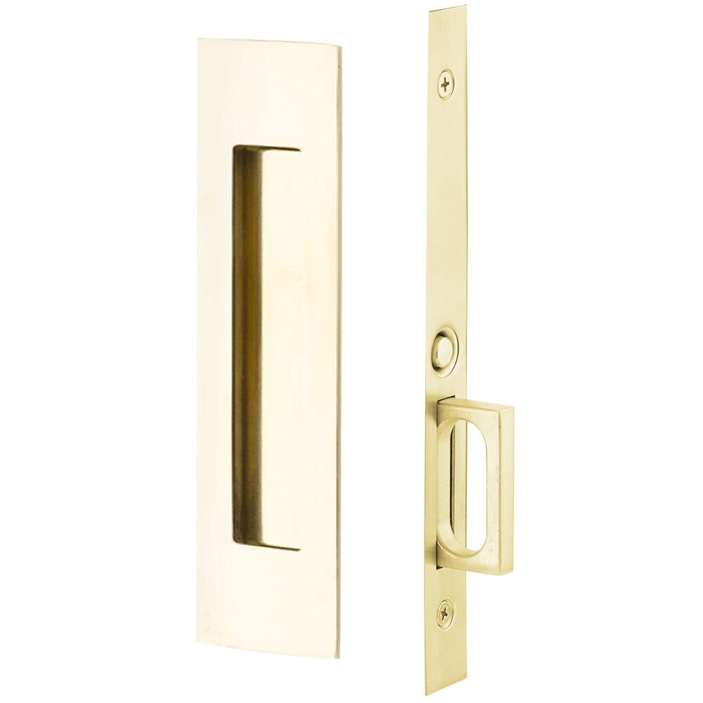 Narrow Modern Rectangular Mortise Passage Pocket Door Hardware in Unlacquered Brass