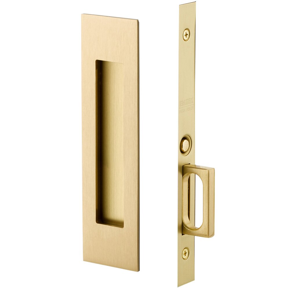 Narrow Modern Rectangular Mortise Passage Pocket Door Hardware in Satin Brass