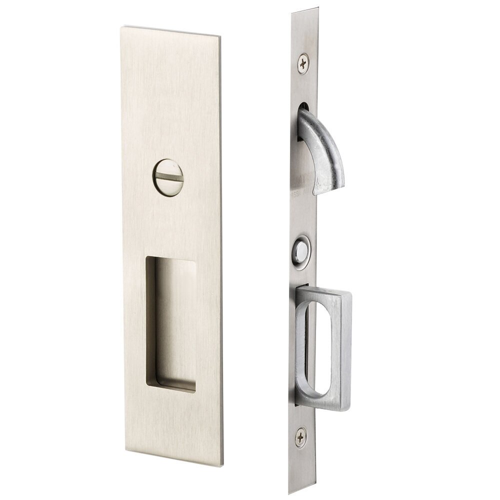 Narrow Modern Rectangular Privacy Pocket Door Mortise Lock in Satin Nickel