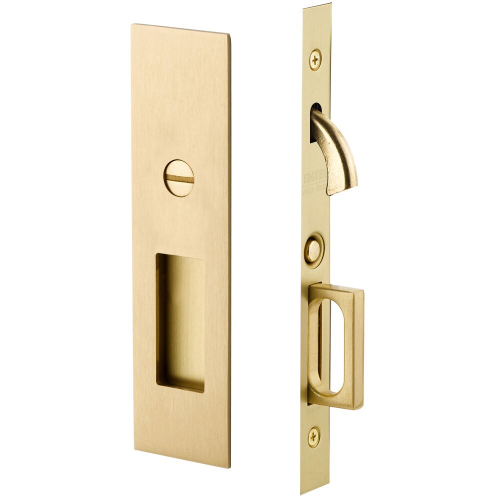 Narrow Modern Rectangular Privacy Pocket Door Mortise Lock in Satin Brass