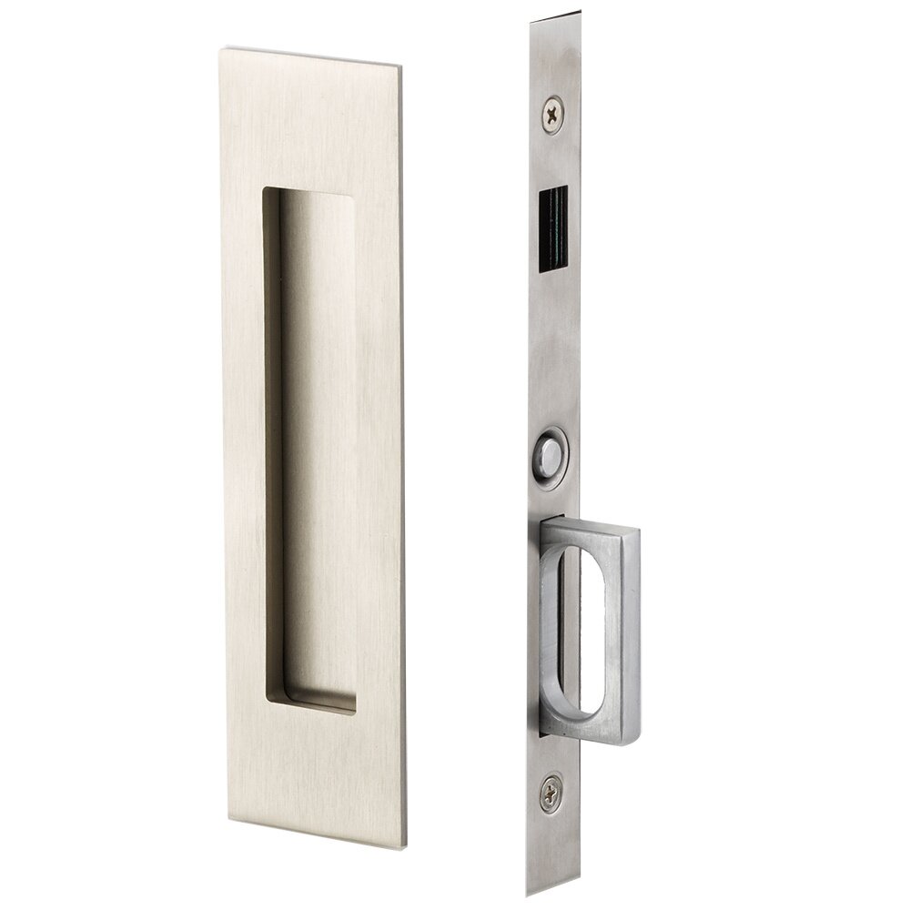 Narrow Modern Rectangular Dummy Pocket Door Mortise Hardware in Satin Nickel