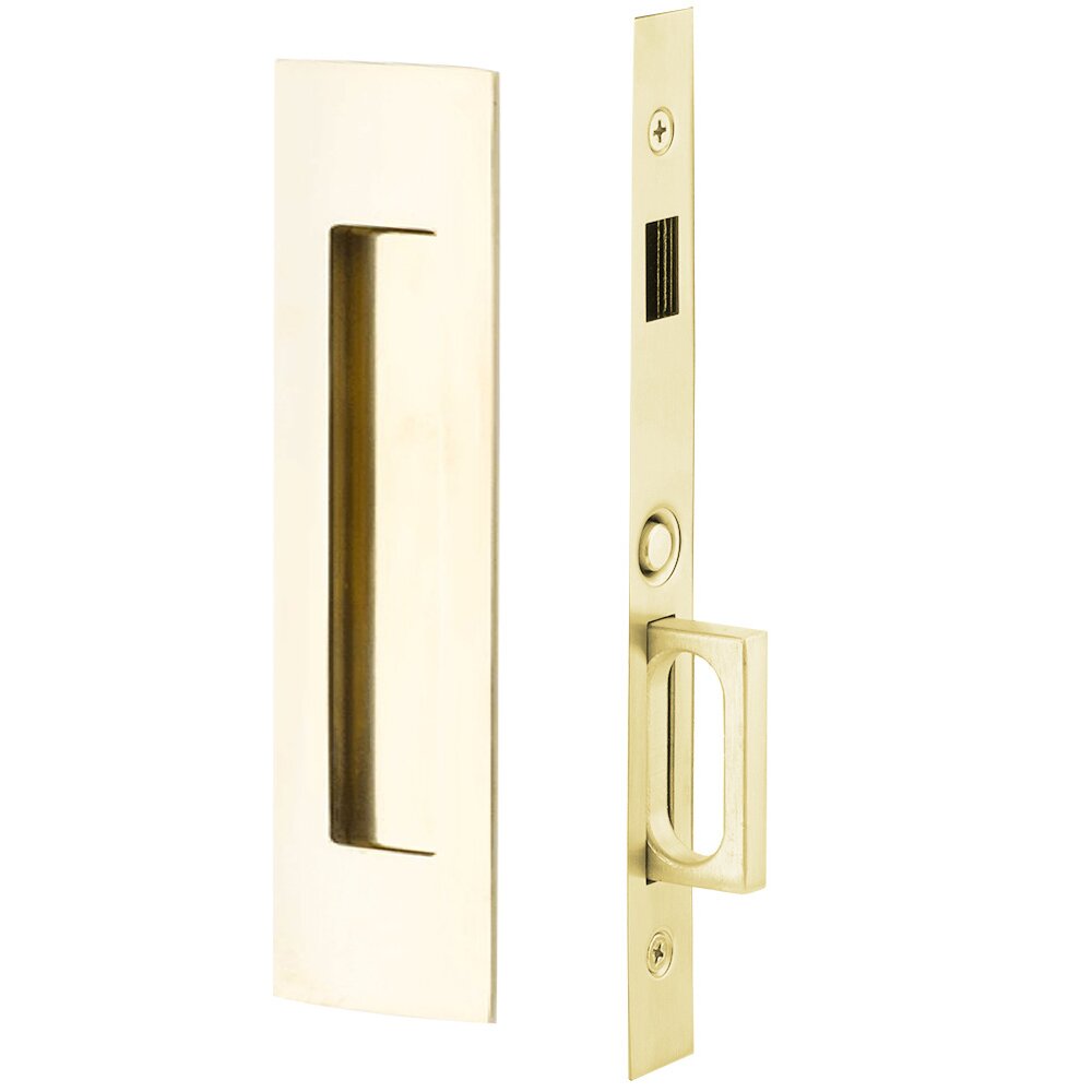 Narrow Modern Rectangular Dummy Pocket Door Mortise Hardware in Unlacquered Brass