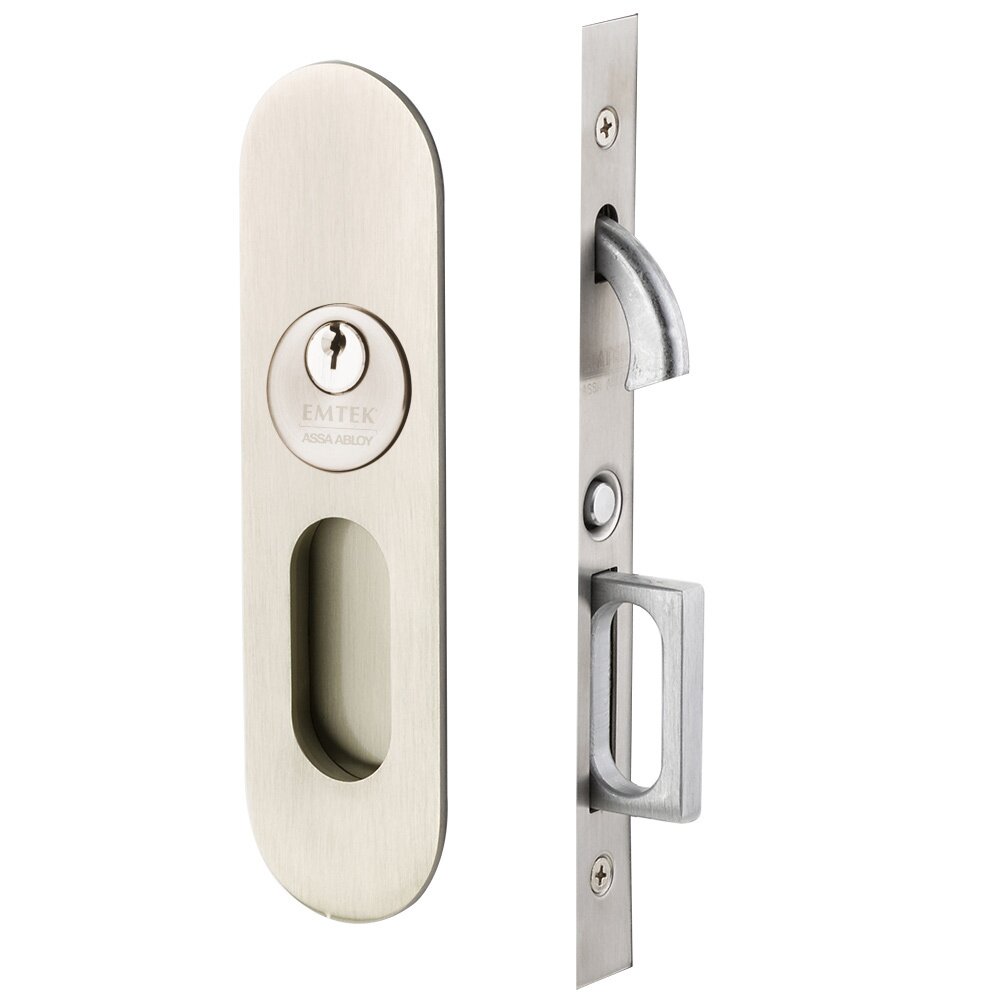 Narrow Modern Oval Keyed Pocket Door Mortise Lock in Satin Nickel