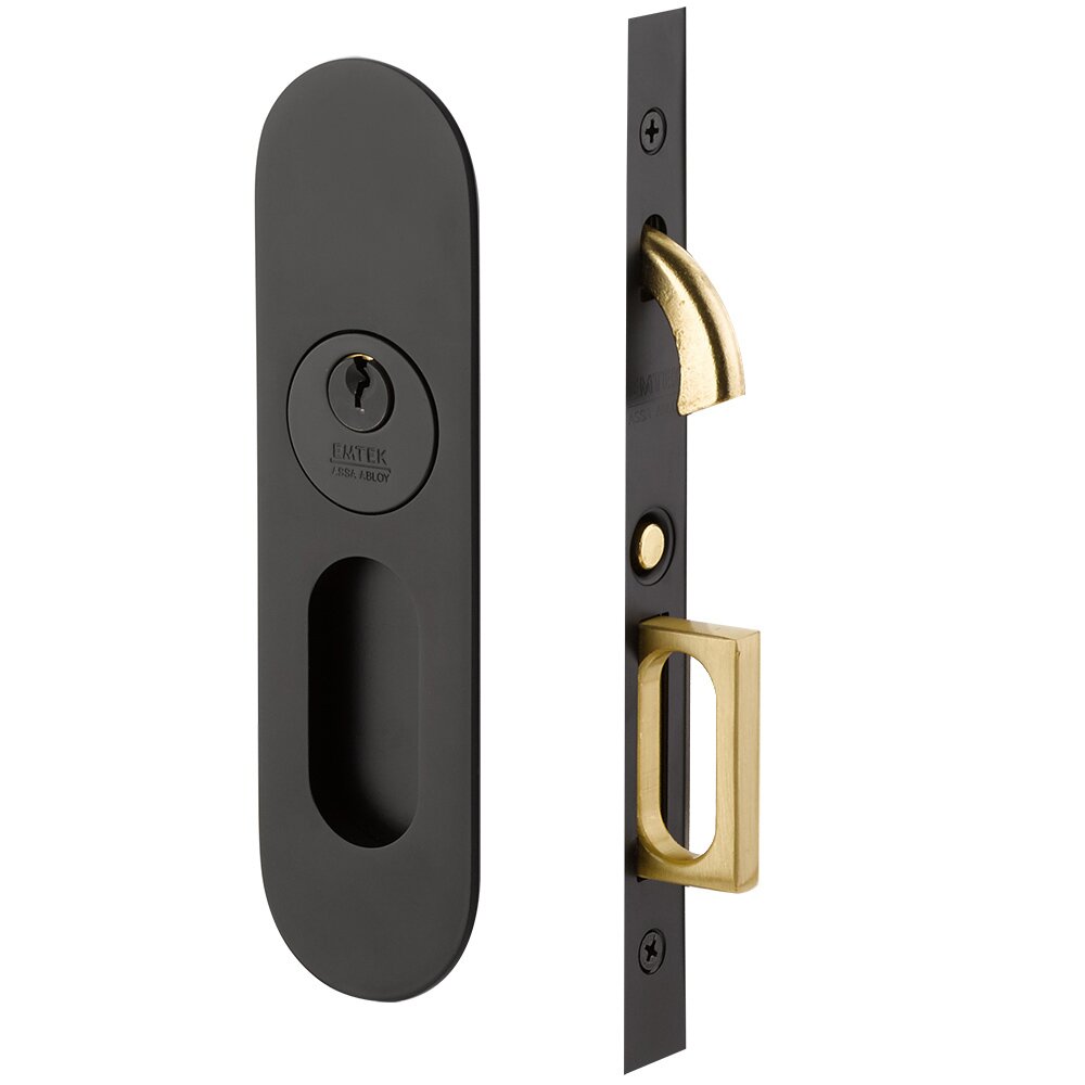 Narrow Modern Oval Keyed Pocket Door Mortise Lock in Flat Black