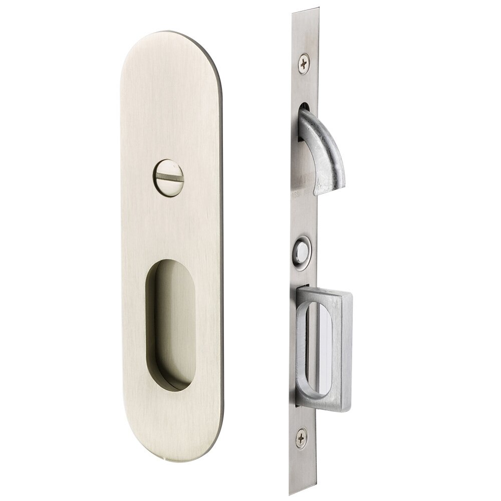 Narrow Modern Oval Privacy Pocket Door Mortise Lock in Satin Nickel