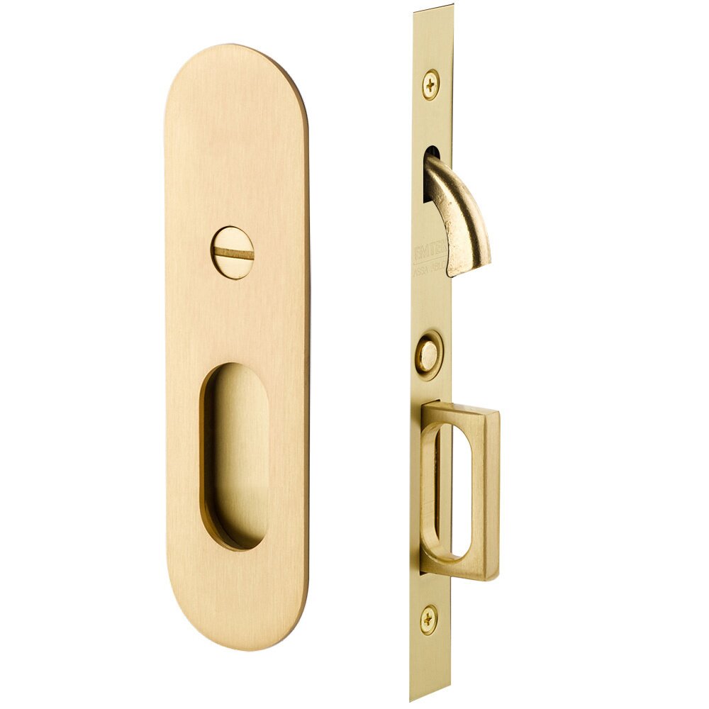 Narrow Modern Oval Privacy Pocket Door Mortise Lock in Satin Brass