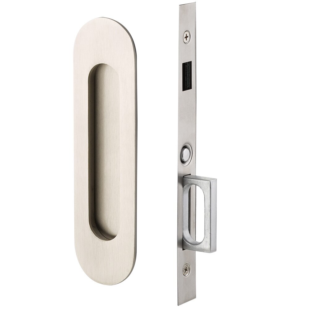 Narrow Modern Oval Dummy Pocket Door Mortise Hardware in Satin Nickel