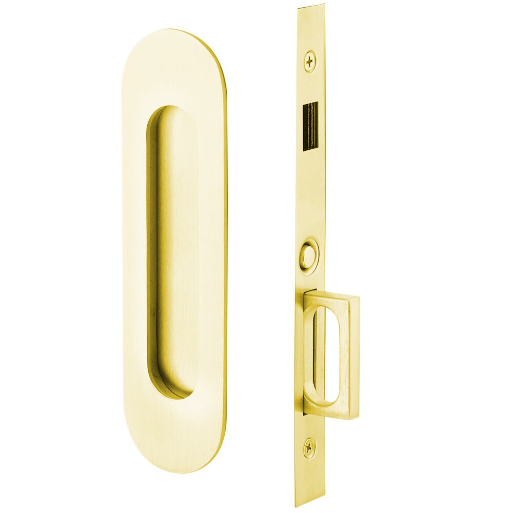 Narrow Modern Oval Dummy Pocket Door Mortise Hardware in Unlacquered Brass