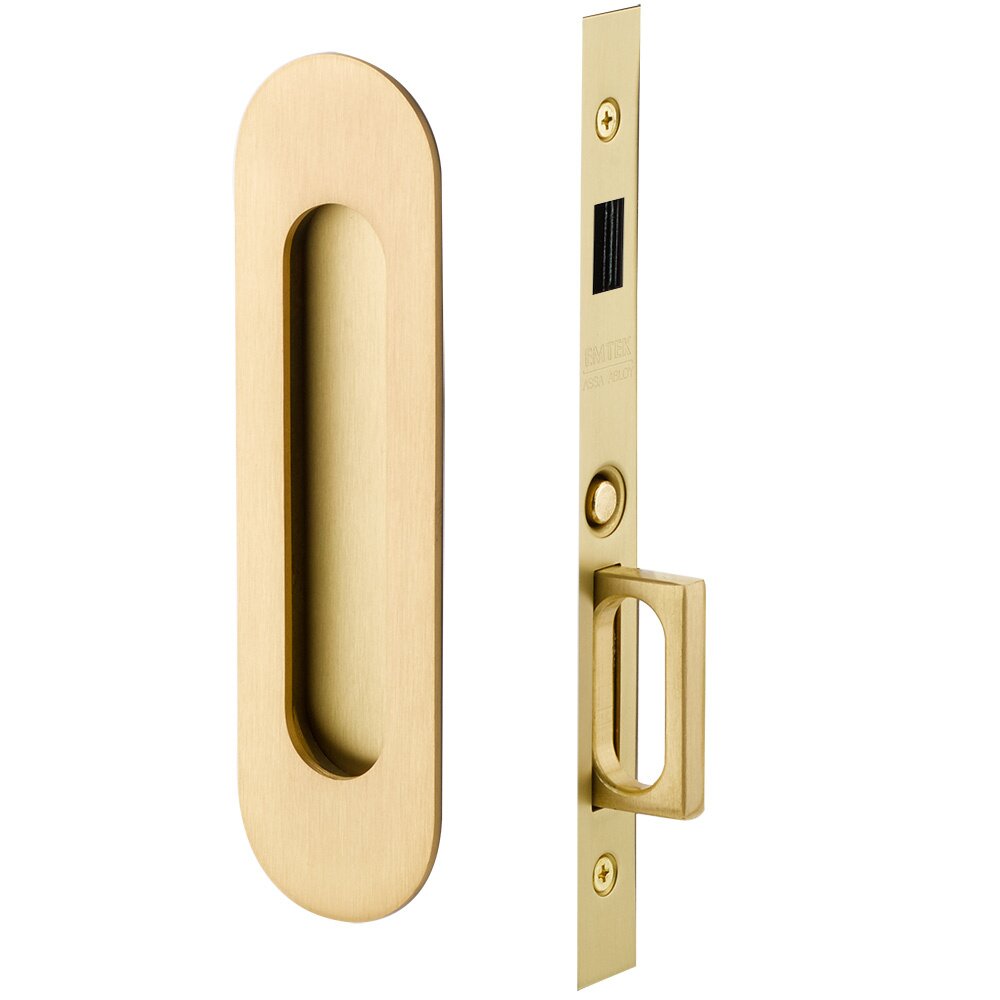 Narrow Modern Oval Dummy Pocket Door Mortise Hardware in Satin Brass
