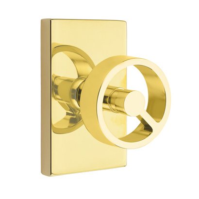 Privacy Modern Rectangular Rosette with Concealed Screws and Left Handed Spoke Knob in Unlacquered Brass