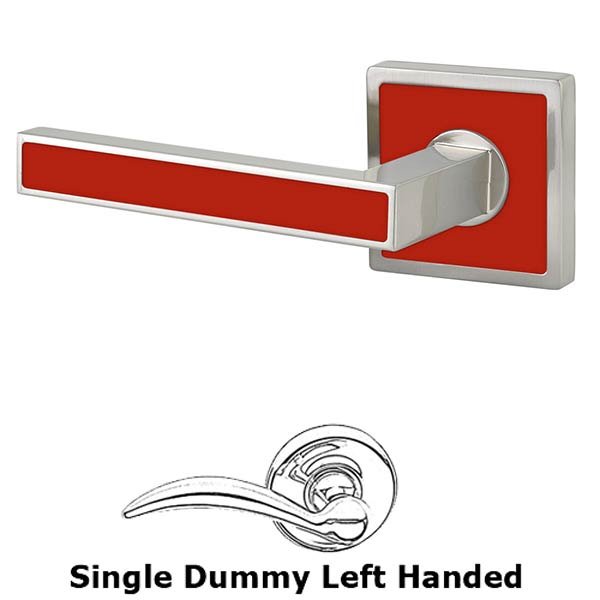 Single Dummy Left Handed Aruba Door Lever With Trinidad Rose in Satin Nickel with Hibiscus Red