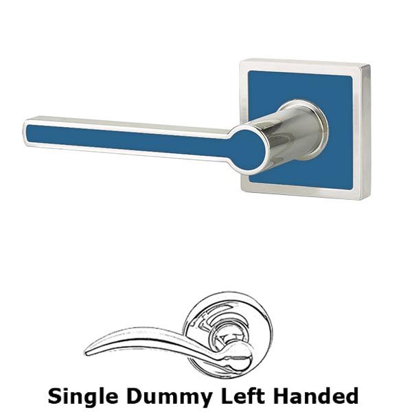 Single Dummy Left Handed Cayman Door Lever With Trinidad Rose in Satin Nickel with Caribbean Blue