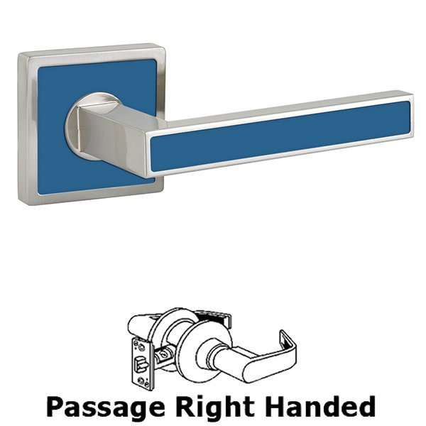 Passage Right Handed Aruba Door Lever With Trinidad Rose in Satin Nickel with Caribbean Blue