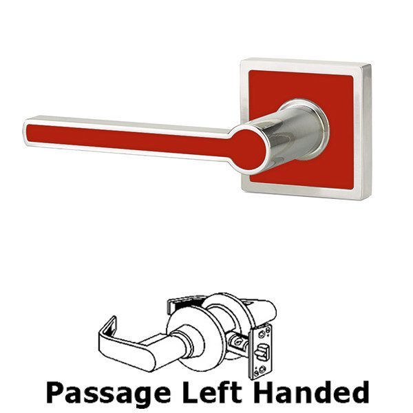 Passage Left Handed Cayman Door Lever With Trinidad Rose in Satin Nickel with Hibiscus Red