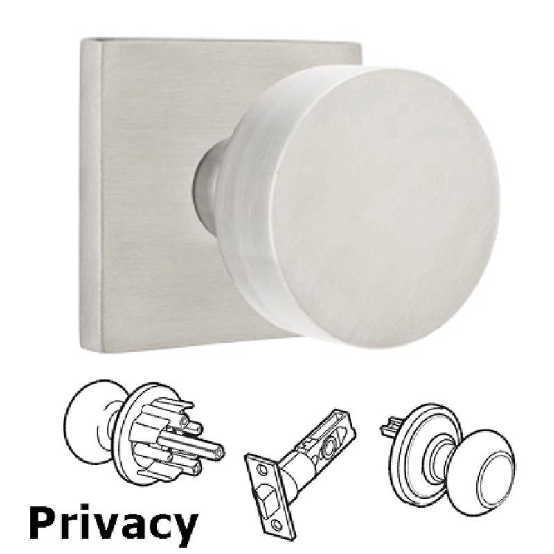 Round Privacy Door Knob and Brushed Stainless Steel Square Rose with Concealed Screws
