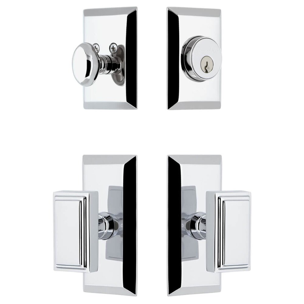 Fifth Avenue Short Plate Entry Set with Carre Knob in Bright Chrome