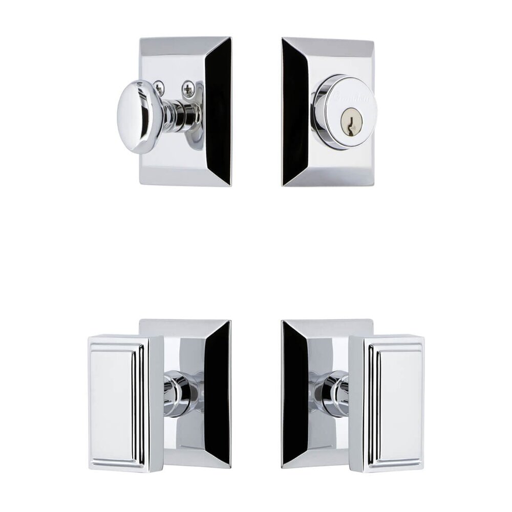 Fifth Avenue Square Rosette Entry Set with Carre Knob in Bright Chrome