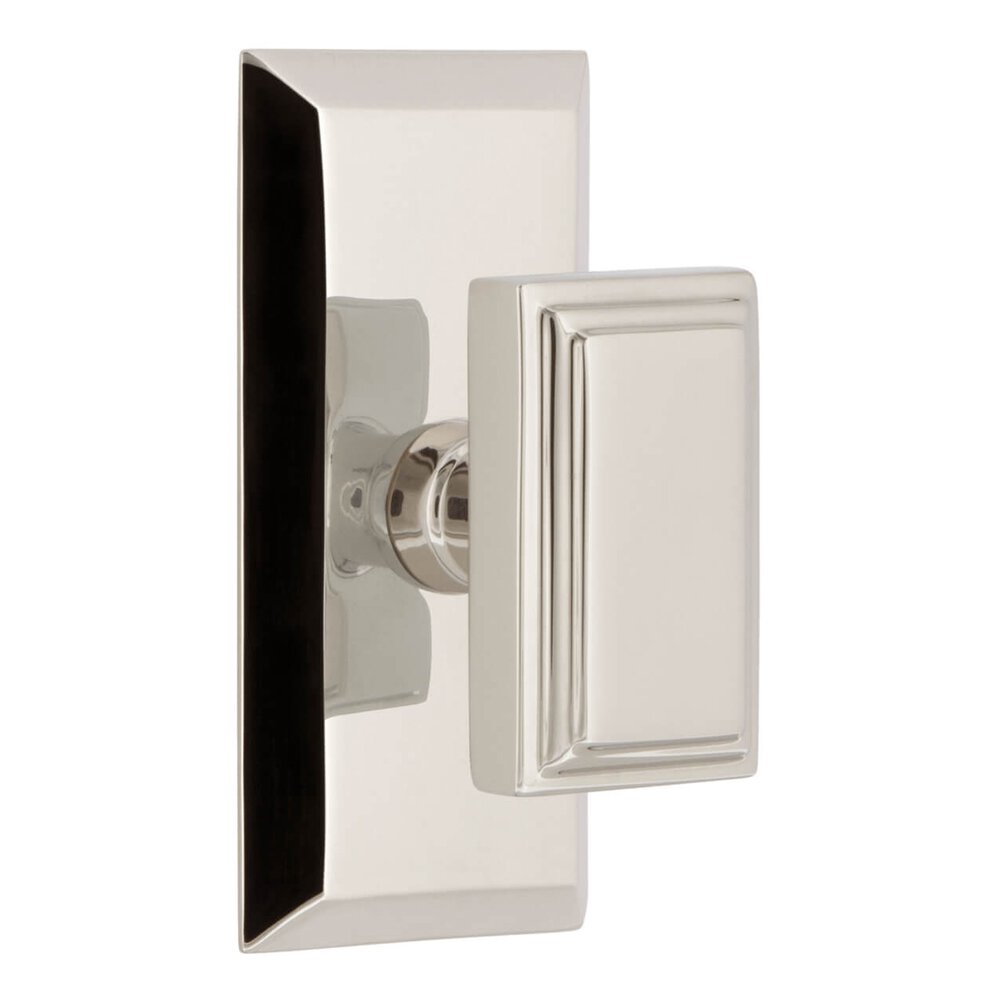 Fifth Avenue Short Plate Passage with Carre Knob in Polished Nickel