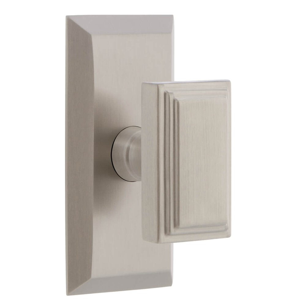 Fifth Avenue Short Plate Passage with Carre Knob in Satin Nickel