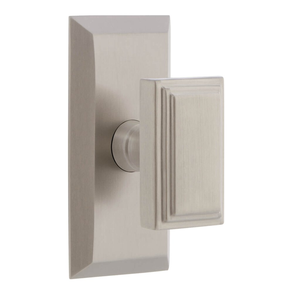 Fifth Avenue Short Plate Passage with Carre Knob in Satin Nickel