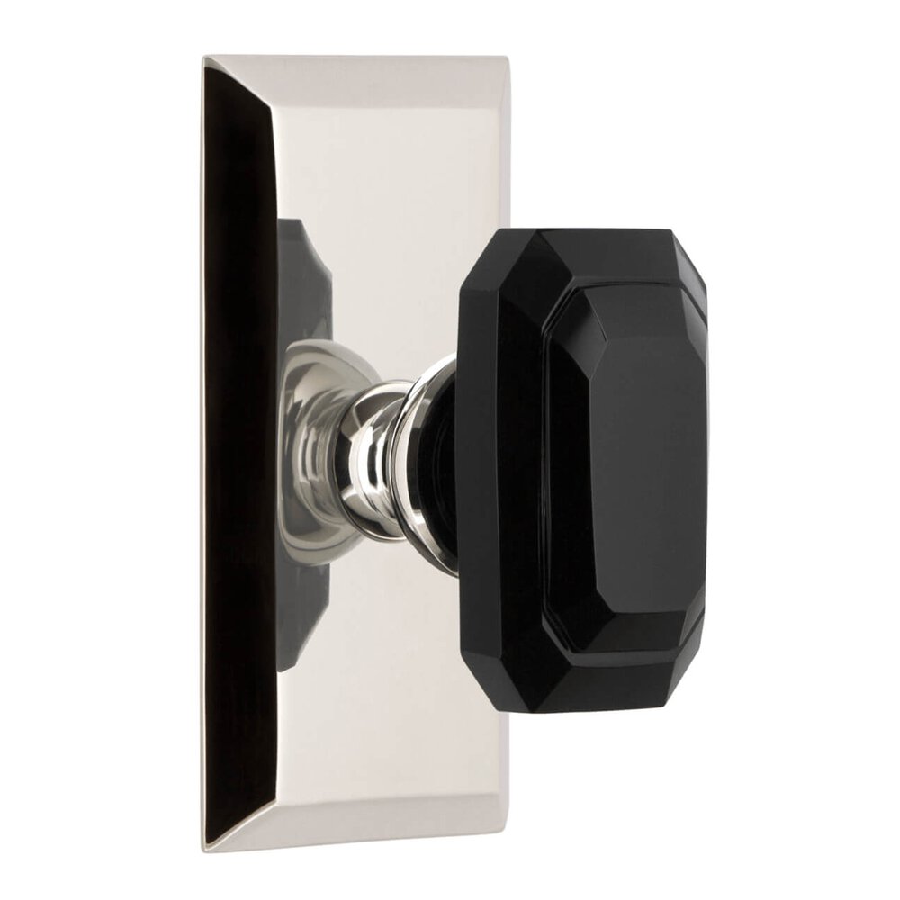 Fifth Avenue Short Plate Privacy with Baguette Black Crystal Knob in Polished Nickel