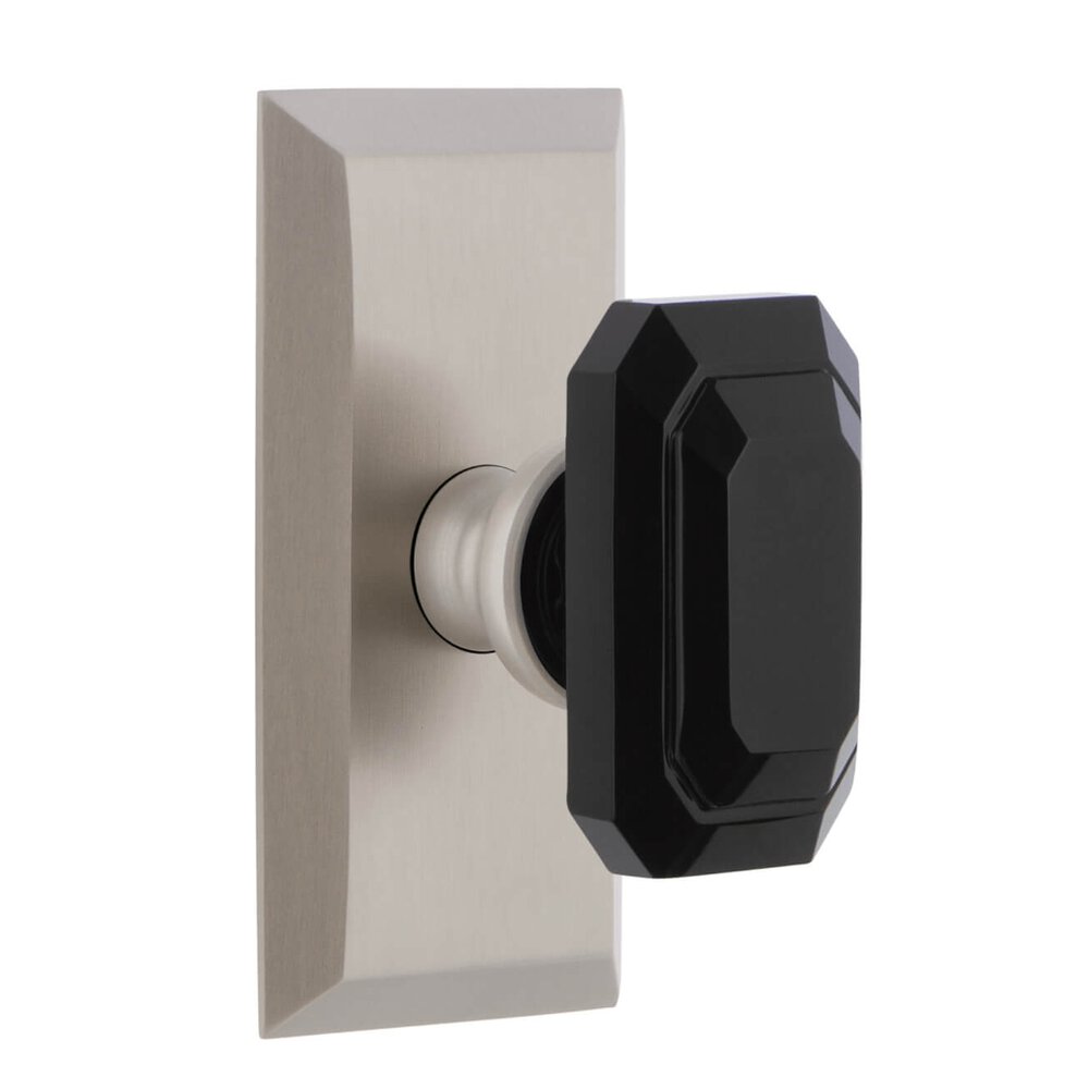 Fifth Avenue Short Plate Privacy with Baguette Black Crystal Knob in Satin Nickel