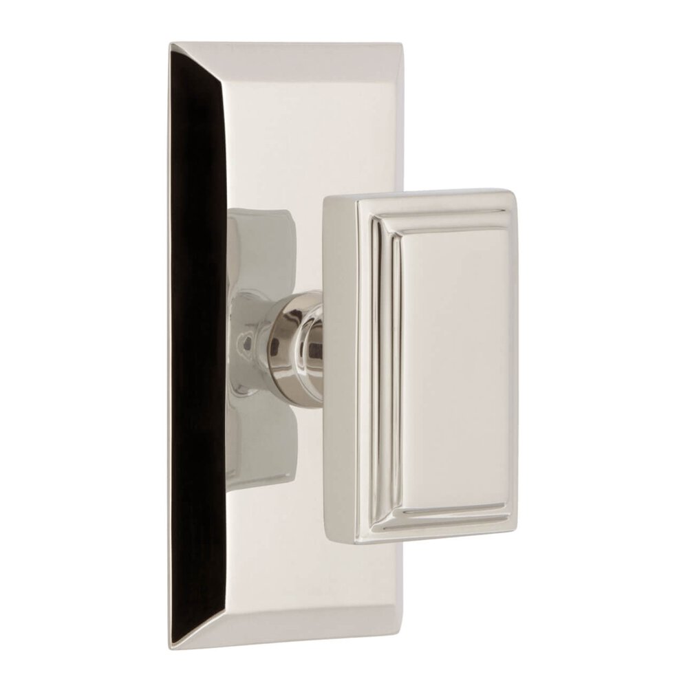 Fifth Avenue Short Plate Privacy with Carre Knob in Polished Nickel