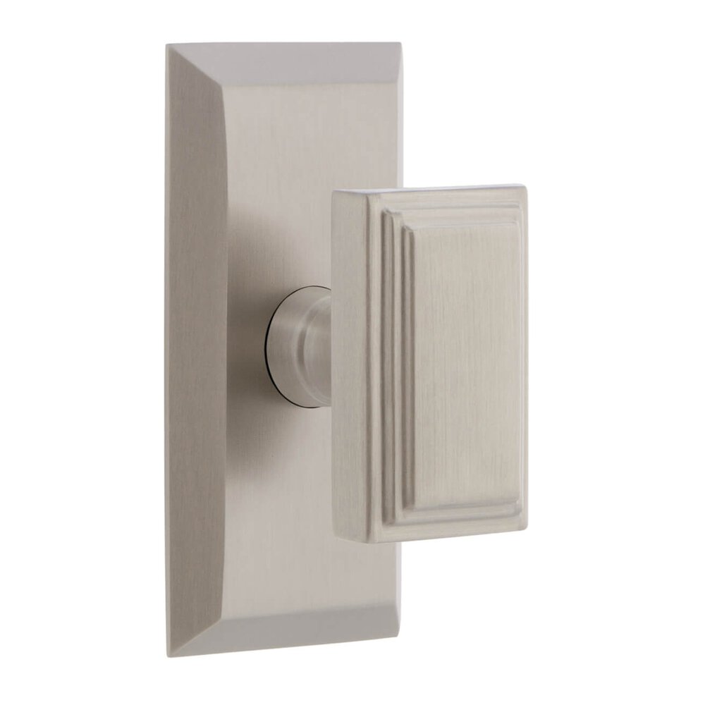 Fifth Avenue Short Plate Privacy with Carre Knob in Satin Nickel
