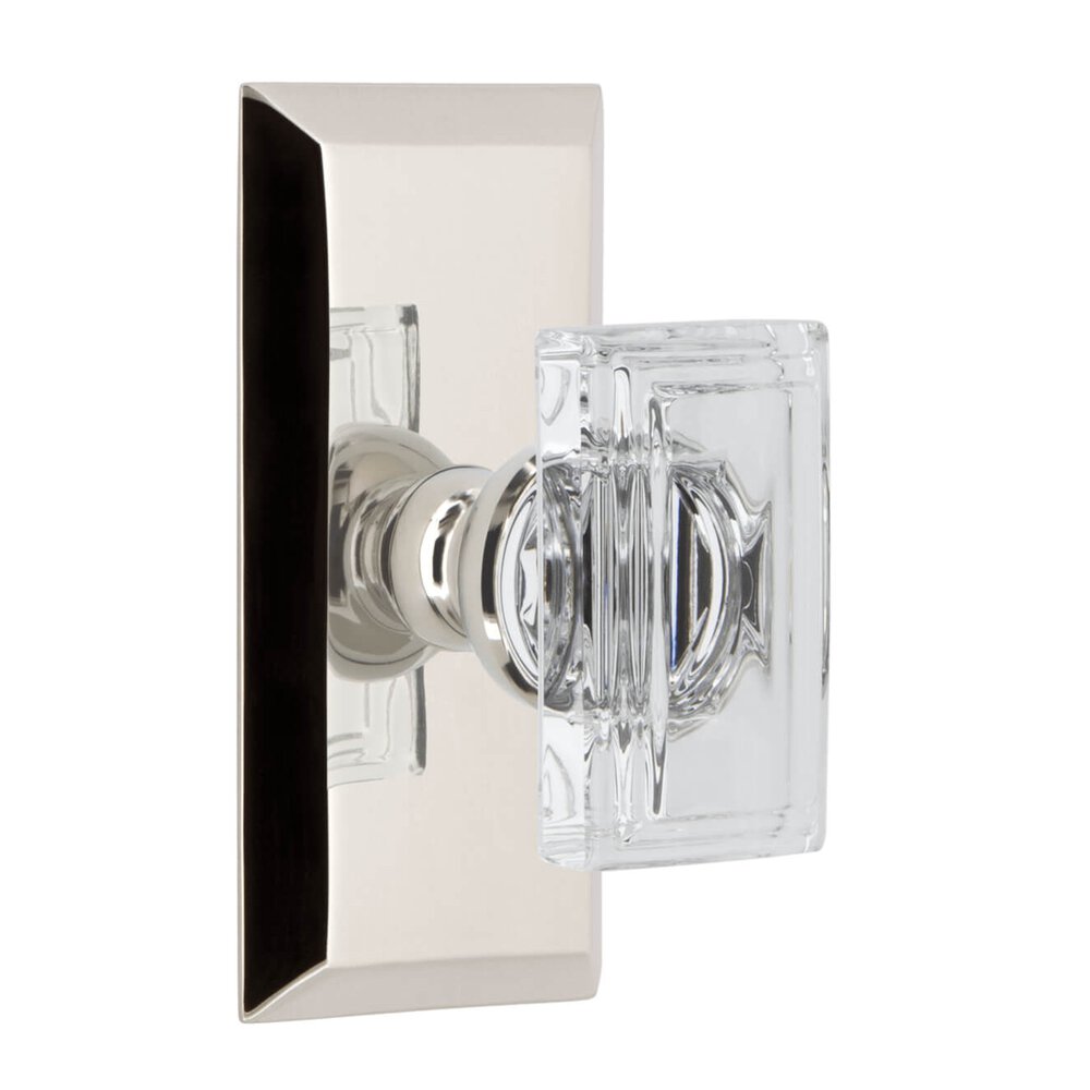 Fifth Avenue Short Plate Privacy with Carre Crystal Knob in Polished Nickel