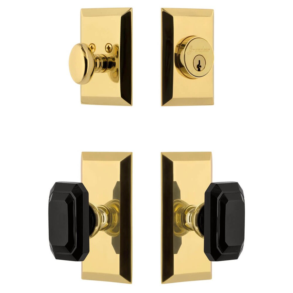 Fifth Avenue Short Plate Entry Set with Baguette Black Crystal Knob in Lifetime Brass