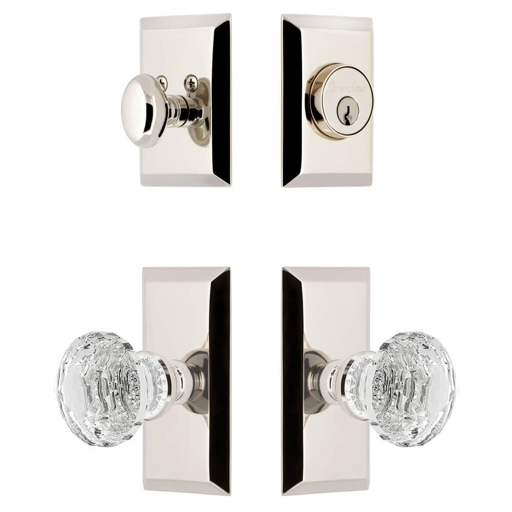 Fifth Avenue Short Plate Entry Set with Brilliant Crystal Knob in Polished Nickel