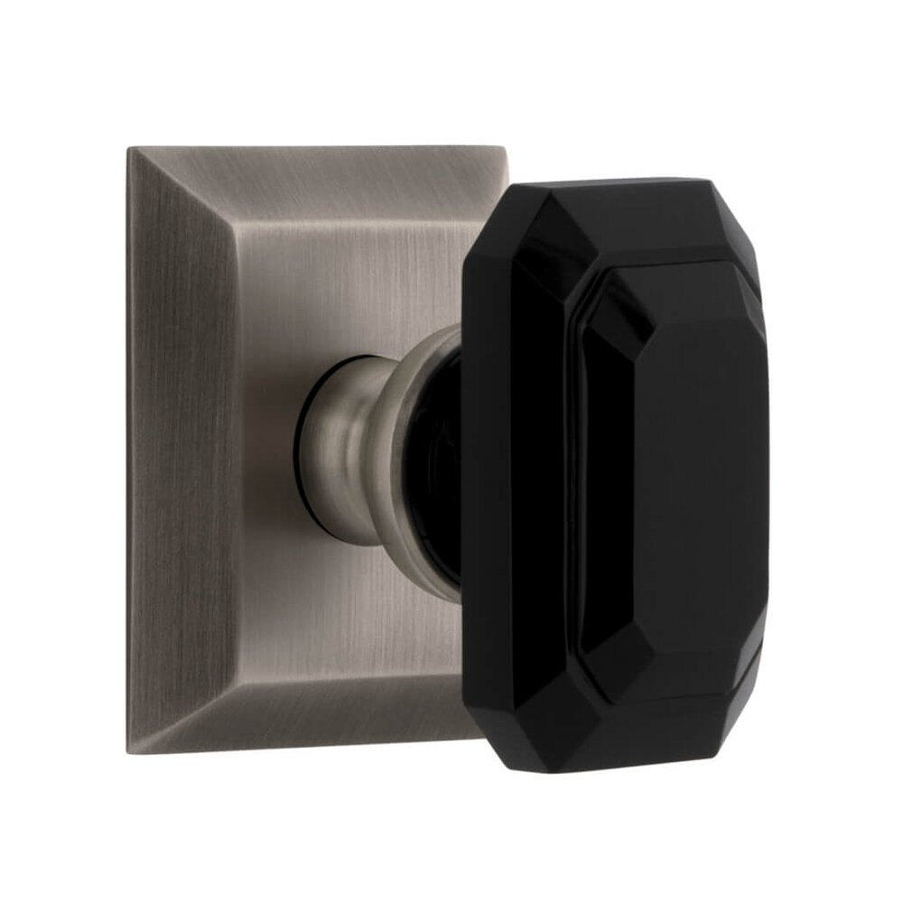 Fifth Avenue Square Rosette Passage with Baguette Black Crystal Knob in Antique Pewter