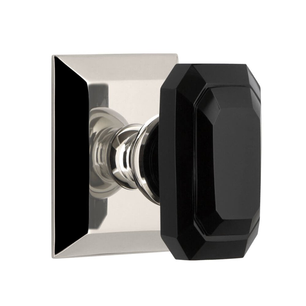 Fifth Avenue Square Rosette Passage with Baguette Black Crystal Knob in Polished Nickel