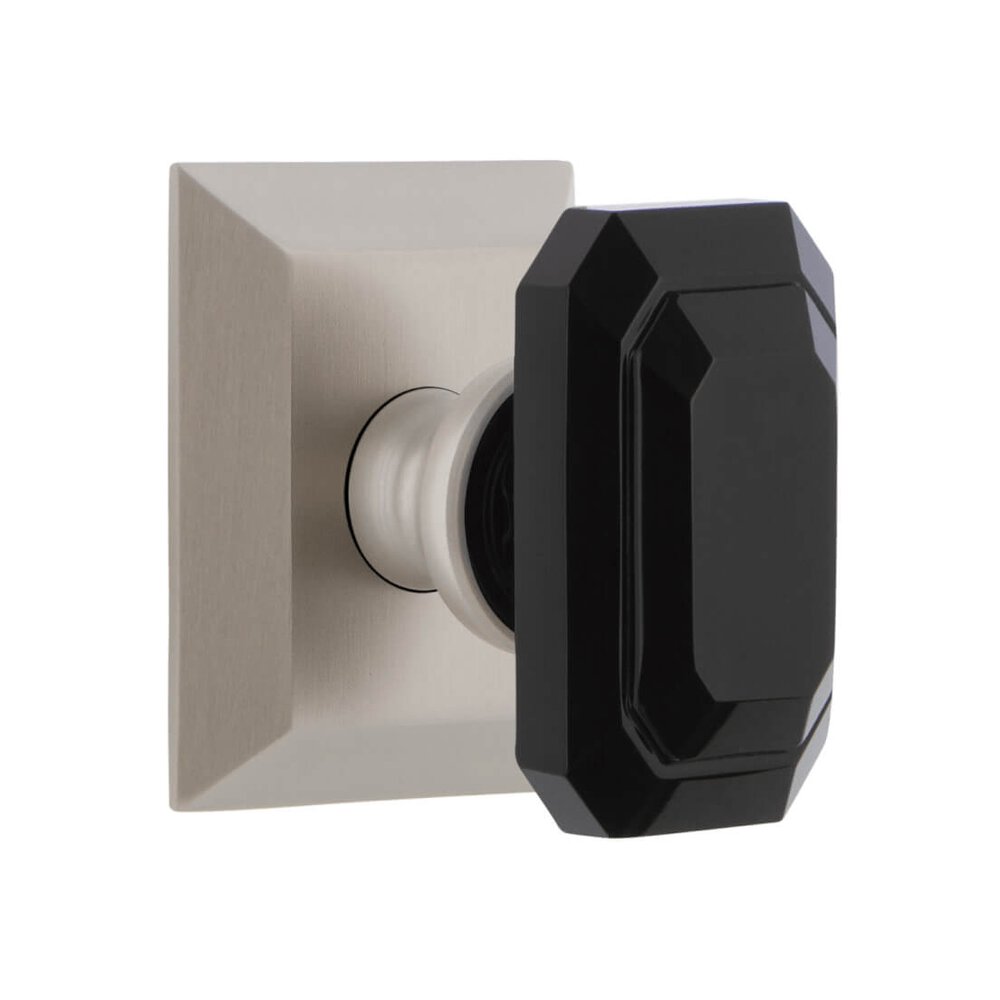 Fifth Avenue Square Rosette Passage with Baguette Black Crystal Knob in Satin Nickel