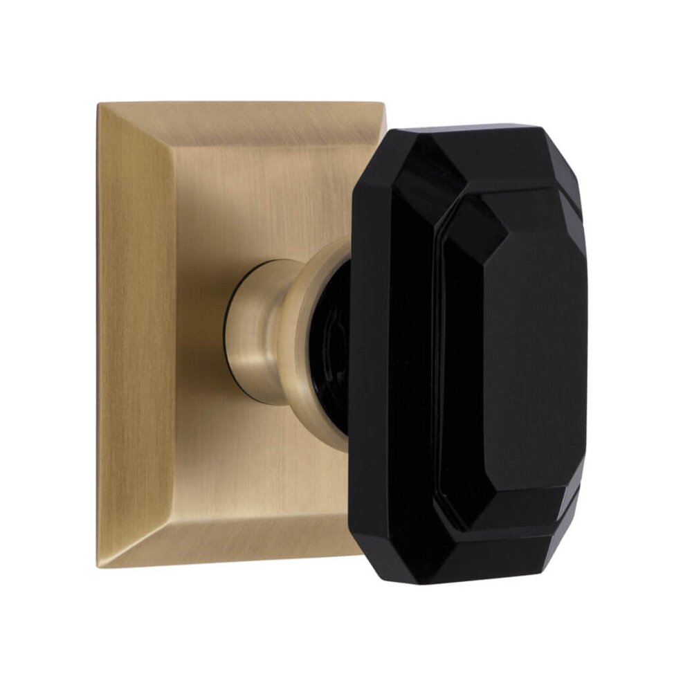 Fifth Avenue Square Rosette Passage with Baguette Black Crystal Knob in Vintage Brass