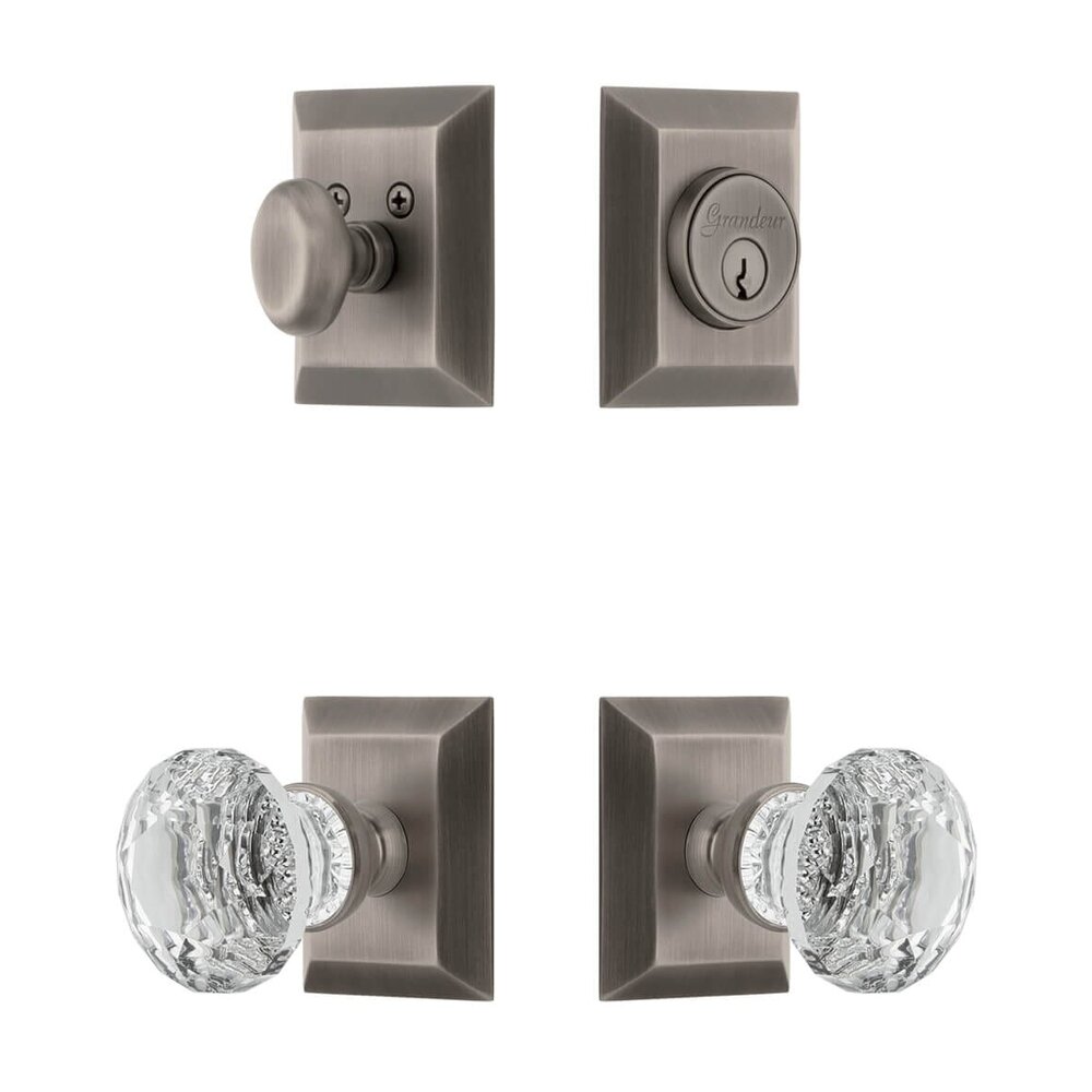 Fifth Avenue Square Rosette Entry Set with Brilliant Crystal Knob in Antique Pewter