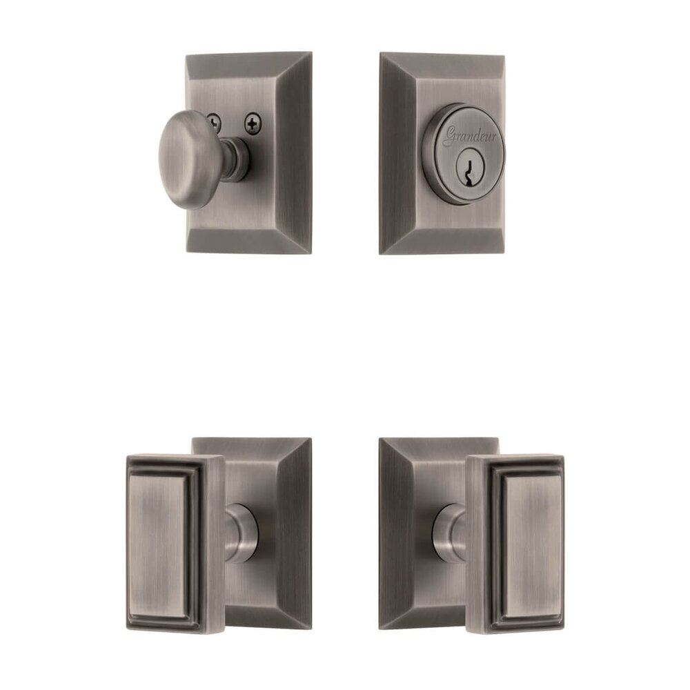 Fifth Avenue Square Rosette Entry Set with Carre Knob in Antique Pewter