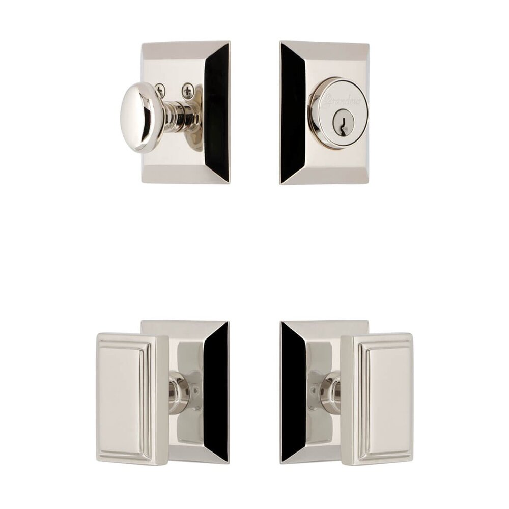 Fifth Avenue Square Rosette Entry Set with Carre Knob in Polished Nickel