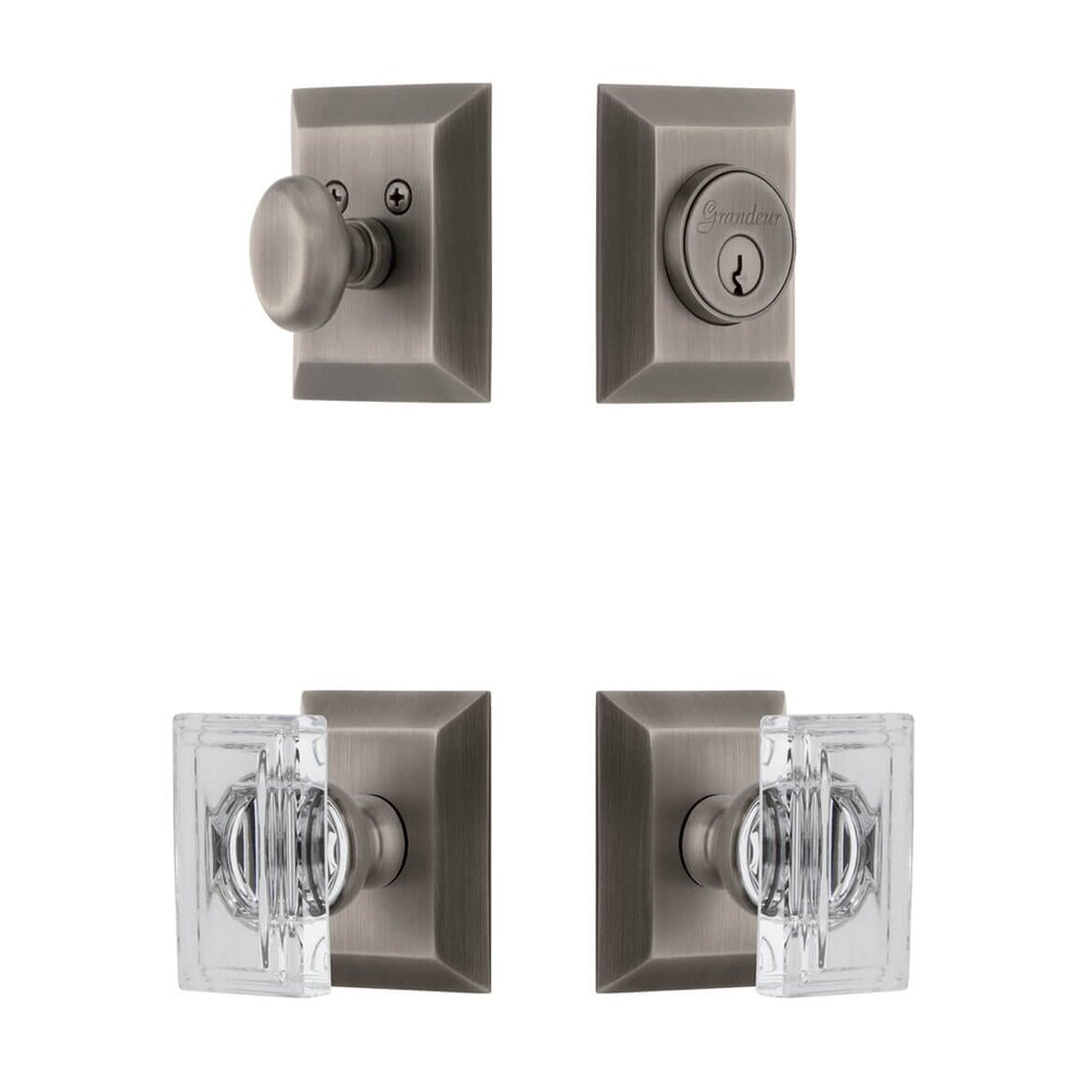 Fifth Avenue Square Rosette Entry Set with Carre Crystal Knob in Antique Pewter