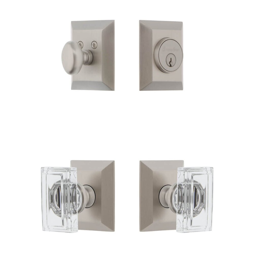 Fifth Avenue Square Rosette Entry Set with Carre Crystal Knob in Satin Nickel