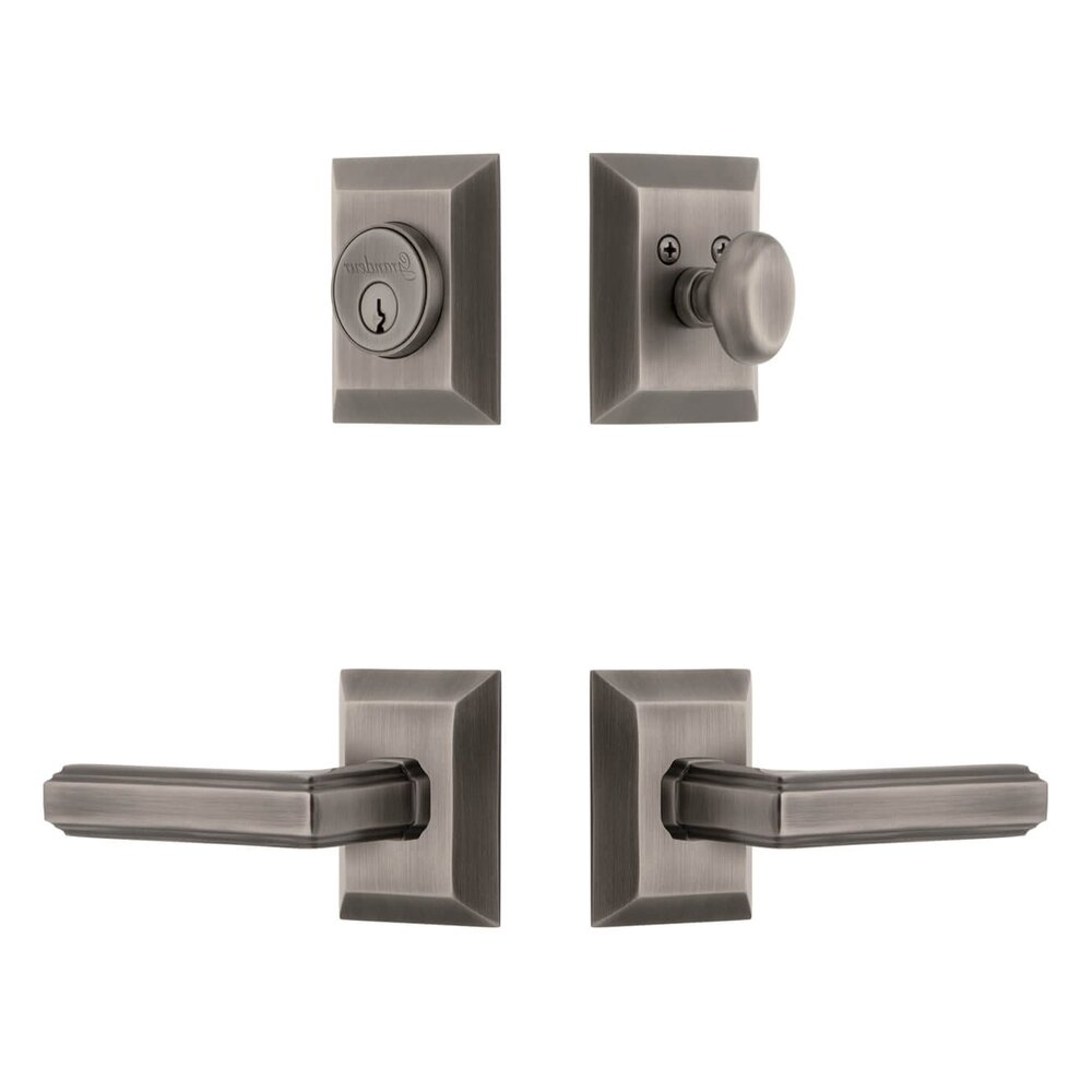 Fifth Avenue Square Rosette Entry Set with Carre Lever in Antique Pewter