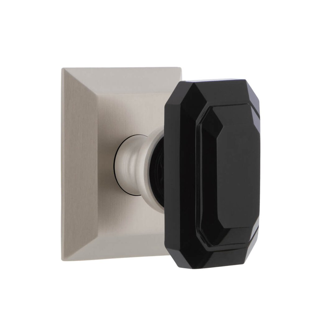 Fifth Avenue Square Rosette Privacy with Baguette Black Crystal Knob in Satin Nickel