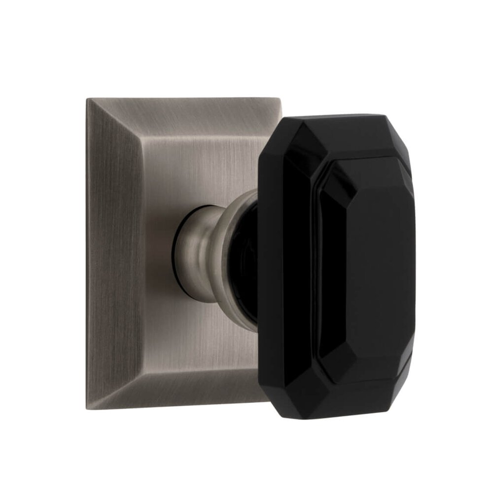 Fifth Avenue Square Rosette Privacy with Baguette Black Crystal Knob in Antique Pewter
