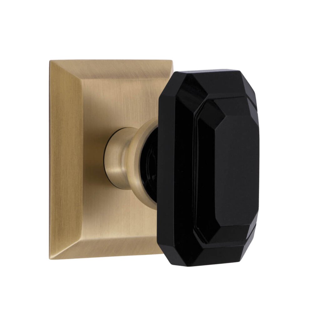 Fifth Avenue Square Rosette Privacy with Baguette Black Crystal Knob in Vintage Brass